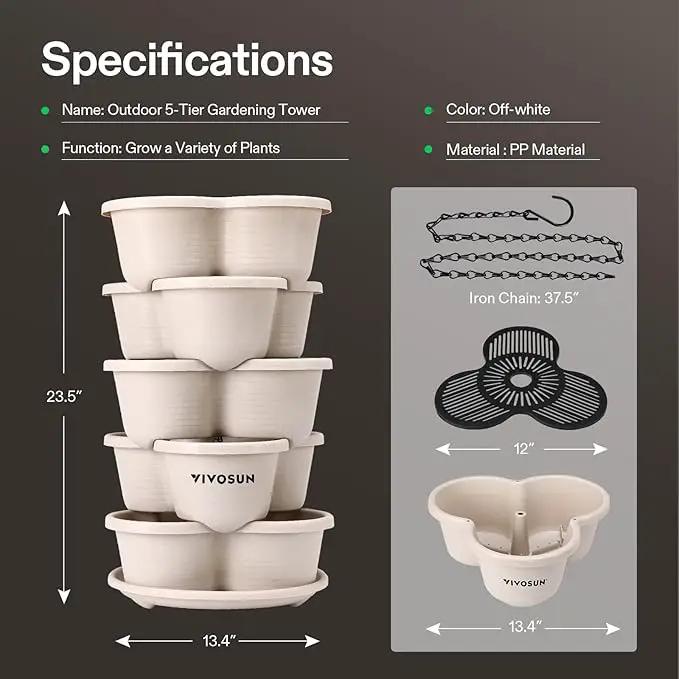 VIVOSUN 5 Tier Vertical Gardening Stackable Planter for Strawberries, Flowers, Herbs, Vegetables, Ivory by GreenHaven Gardens