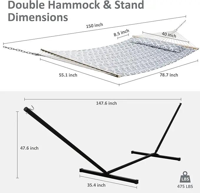 SUNCREAT 55 Inch Extra Large Double Hammock with Stand, 475lbs Capacity, Outdoor Portable Hammock with Hardwood Spreader Bar, Extra Large Pillow, Grey by GreenHaven Gardens