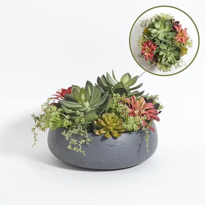 Faux Succulent Arrangement, Premium Artificial Indoor Plant Enhances Interior Design, Display on Any Surface in Your Home Adding an Inviting Touch of Nature, Grey Planter Pot Included by GreenHaven Gardens