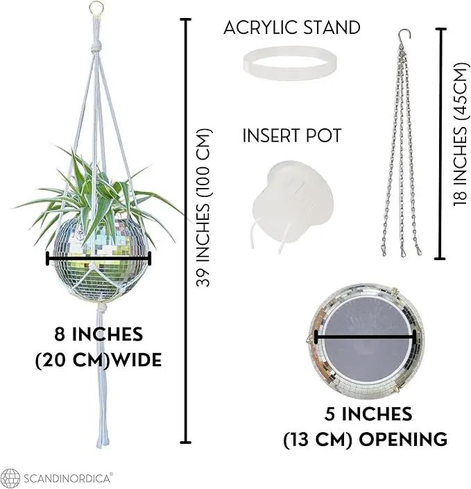 SCANDINORDICA Disco Ball Planter – Value Package: Disco Planter with Chain, Macrame Hanger and Acrylic Stand, Includes Self Watering Insert, Preppy Room Decor, Funky Decor | 8 inch Silver by GreenHaven Gardens