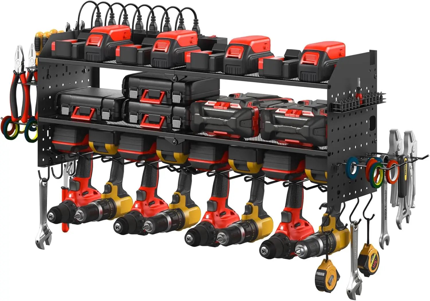 JUNNUJ Large Pegboard Power Tool Organizer with Charging Station, 8 Drills Driver and Tools Battery Holder Wall Mount with 8 Outlet 10 FT Power Strip, Black 3-Layer Shop Garage Storage Utility Rack by GreenHaven Gardens