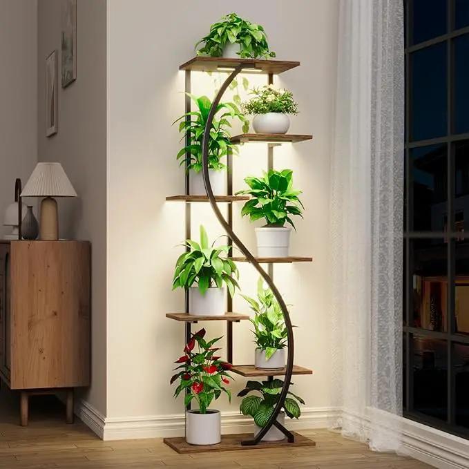 59" Tall Plant Stand with Grow Light Indoor, 7 Tiered Metal Plant Shelf, S-Shaped Flower Display Stand, Corner Storage Shelf for Living Room, Patio, Balcony Decor by GreenHaven Gardens