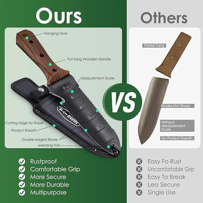 Hori Hori Garden Knife, Garden Tools with Sheath for Weeding,Planting,Digging, 7" Stainless Steel Blade with Cutting Edge, Full-Tang walnut Wood Handle with Hanging Hole by GreenHaven Gardens