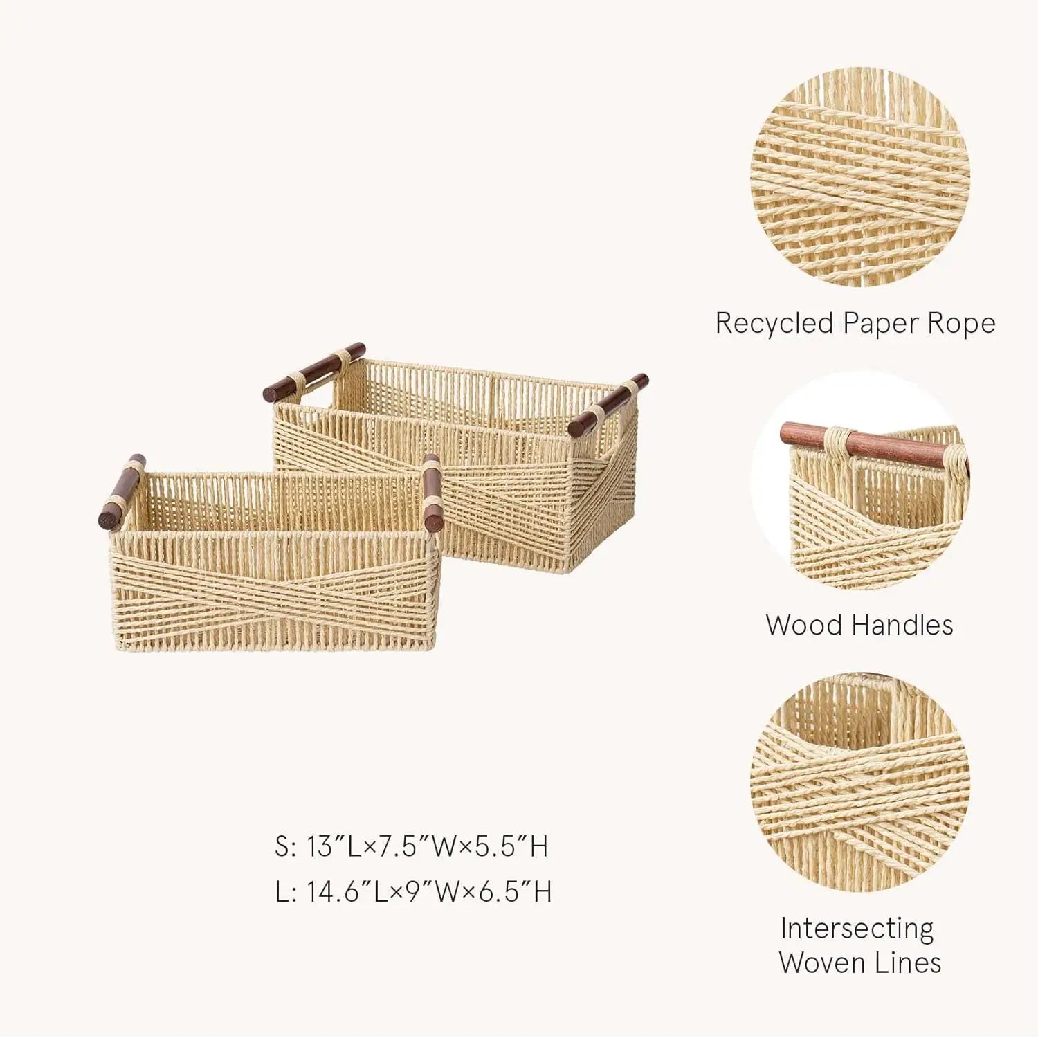 LA JOLIE MUSE Wicker Storage Baskets for Organizing, Recyclable Paper Rope Basket with Wood Handles, Decorative Hand Woven Basket Organizers for Makeup Books Shelves Living Room, Beige, Set of 2 by GreenHaven Gardens