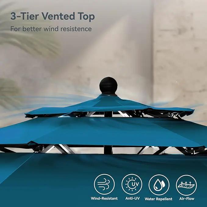 PHI VILLA 10ft Outdoor Patio Umbrellas for Outside, 3 Tier Vented Market Table Umbrella Windproof for Backyard, Deck, Garden, 1.5" Pole, Cyan（No Base） by GreenHaven Gardens