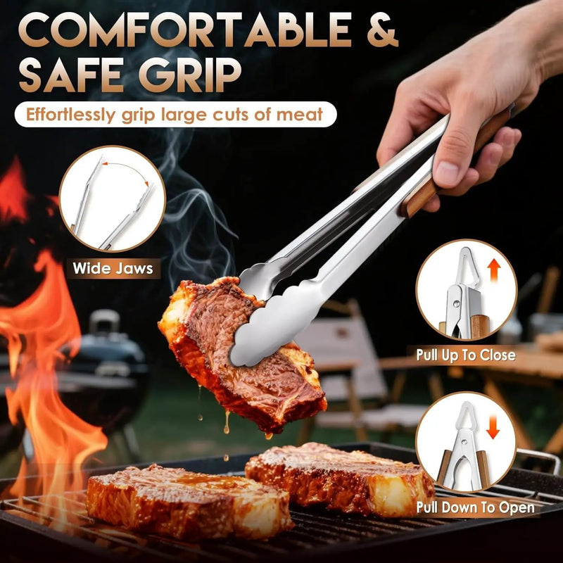 TIVOLI 3PCS Grilling Accessories, Heavy Duty BBQ Tool Set with Stainless Steel Spatula, Tongs, Fork, Wood Handles Barbecue Utensils Kit for Outdoor, Perfect Grill Gifts for Dad Men by GreenHaven Gardens