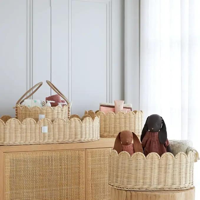 BEBE BASK Premium Scalloped Basket Set Of 2 - Scallop Basket - 16 x 10 x 7 Inch - Hand-Woven Elegant Wicker With Scalloped Edge - Nursery Storage (Natural) by GreenHaven Gardens