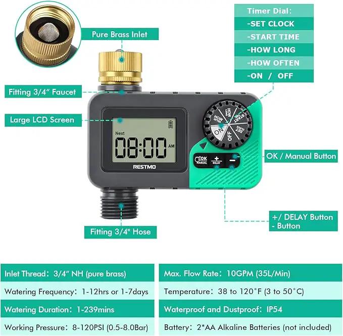 RESTMO Sprinkler Timer with Brass Inlet, Water Timer for Garden Hose, Rain Delay/Manual/Automatic for Outdoor Faucet, Drip Irrigation and Lawn Watering System by GreenHaven Gardens