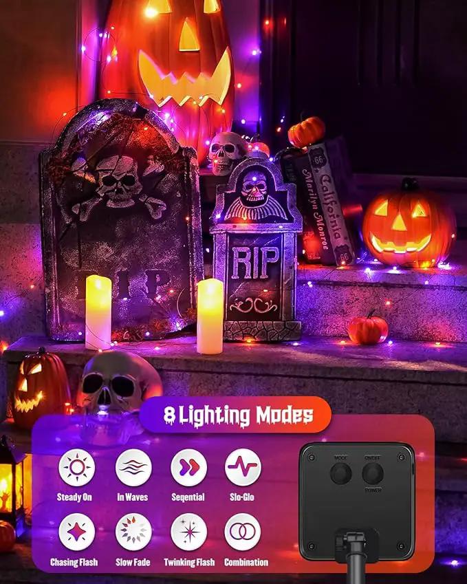 JMEXSUSS 2 Pack Solar Halloween Lights, Total 66FT 200 LED Orange and Purple Halloween Lights Outdoor Waterproof, 8 Mode Black Wire Solar String Lights for Tree Yard Spooky Party Halloween Decorations by GreenHaven Gardens