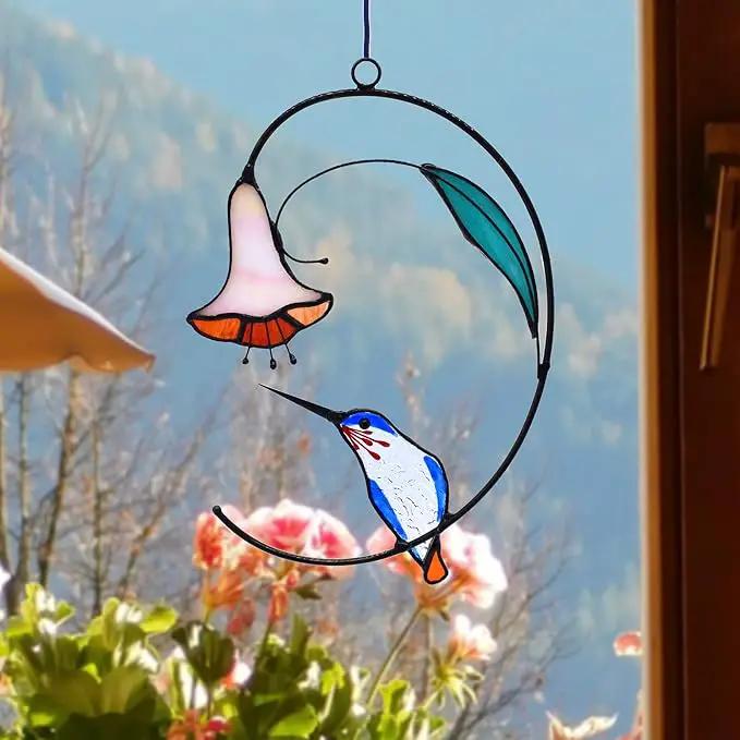 Lolitarcrafts Hummingbird with Flower Stained Glass Suncatcher Bird Stained Glass Window Hangings Hummingbird Gift for Home Decor (Blue) by GreenHaven Gardens