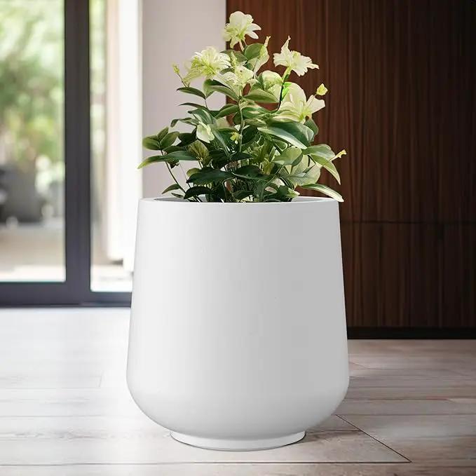 Kante 15.3" Dia Round Concrete Planter, Outdoor Indoor Large Plant Pots Containers with Drainage Hole and Rubber Plug for Home Garden Patio, Snow White by GreenHaven Gardens