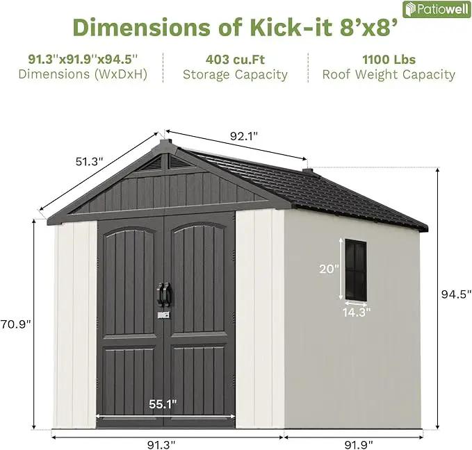 Patiowell 8 x 8 FT Resin Outdoor Storage Shed with Floor, Large Shed with Light and Lockable Door for Garden, Backyard, Tool Storage Use, Easy to Install in Beige (Kick-it Shed) by GreenHaven Gardens