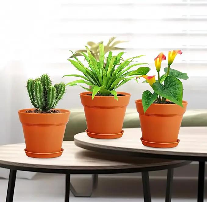 6 inch Small Plastic Nursery Pots, Seedling Pots, 16 Pack Plant Pots for Indoor Outdoor Plants, Flower Pots with Drainage Holes and Saucers, Decorative Planters for House Plants, Terracotta by GreenHaven Gardens