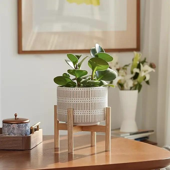 LA JOLIE MUSE Ceramic Plant Pot with Wood Stand - 7.3 Inch Modern Round Decorative Flower Pot Indoor with Wood Planter Holder, Beige and White by GreenHaven Gardens