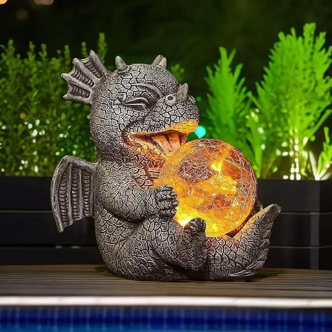 Garden Dragon Statue Outdoor Decor, Baby Resin Figurine Holding Magic Orb With Solar LED Lights, 7.1" for Patio, Lawn & Yard, Summer Gift for Mom by GreenHaven Gardens