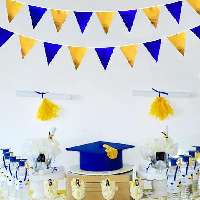 Royal Blue Gold Party Decoration Navy Blue Gold Triangle Pennant Banner Flag Metallic Fabric Bunting Garland for Graduation Birthday Wedding Retirement Bridal Shower Nautical Ahoy Achor Party Supplies by GreenHaven Gardens