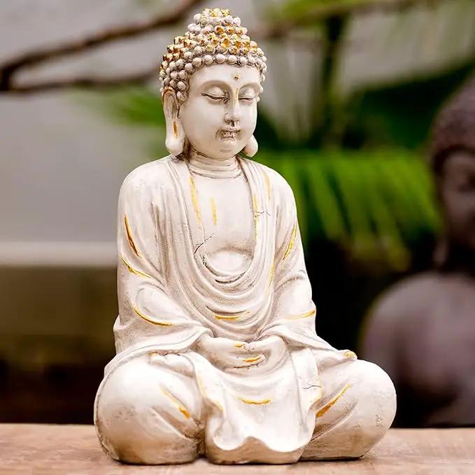 Goodeco 11.4 Meditating Zen Buddha Statue Figurine Sculpture - Indoor/Outdoor Decor for Home,Garden,with Natural Wood Beaded Necklace,Polyresin (White) by GreenHaven Gardens