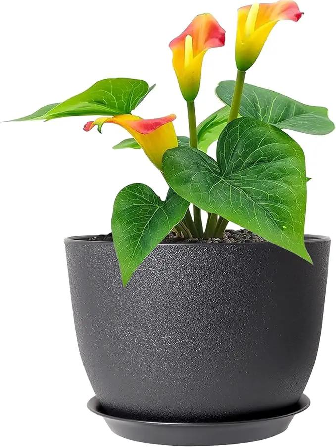 12 inch Large Plant Pots, Plastic Planters with Drainage Holes and Saucers, Flower Pots for Indoor Outdoor Plants, Modern Decorative Pots for Garden House Plants, Black by GreenHaven Gardens