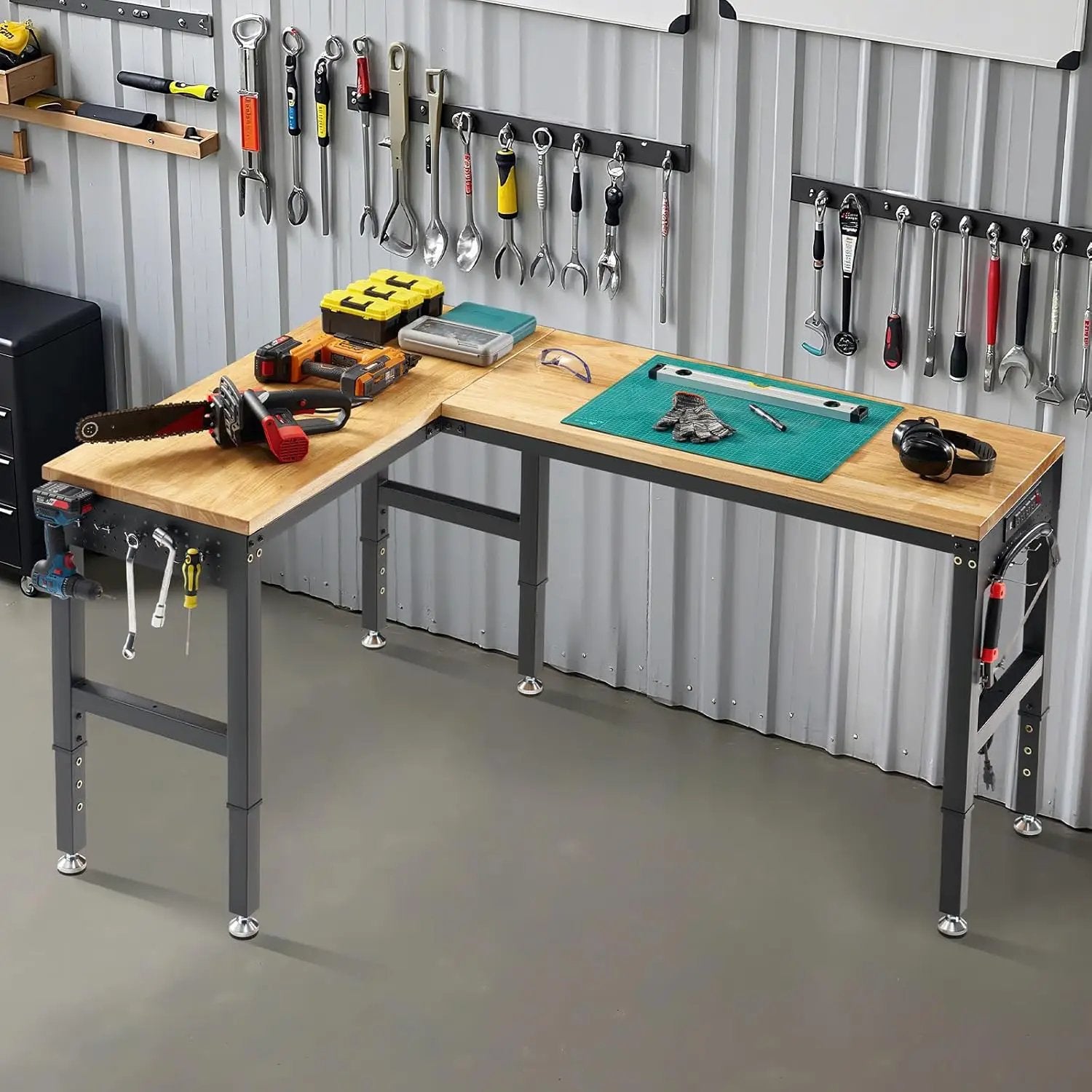 Albott 68"x48" L-Shaped Adjustable Workbench with Storage & Power Strip, Heavy Duty Tool Bench for Woodworking, Garage, Workshop, Home Office, 6000LBS Load, Pegboard & Hooks, ETL Certified by GreenHaven Gardens