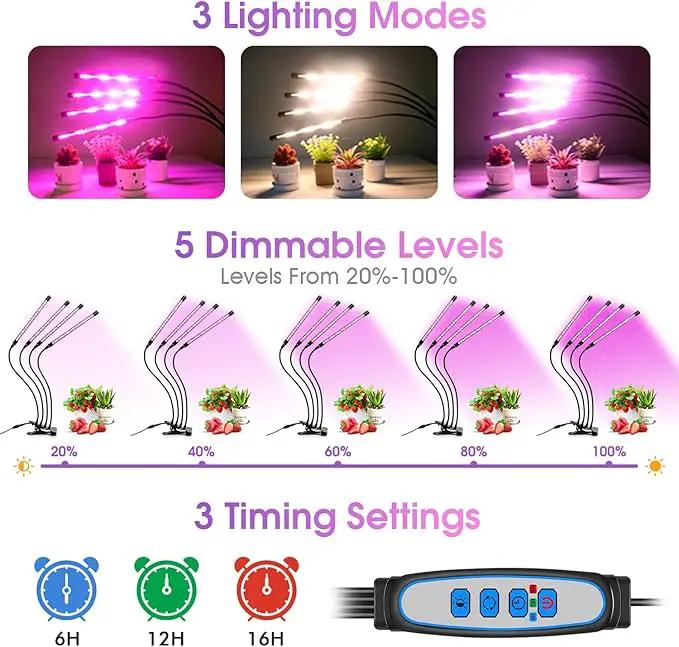Wolezek Grow Lights for Indoor Plants, 80 LEDs 4 Heads Full Spectrum Red & Blue Plant Light with Clip, Grow Lamp with 6/12/16H Auto Timer, 3 Switch Modes for Seedlings and Succulents by GreenHaven Gardens