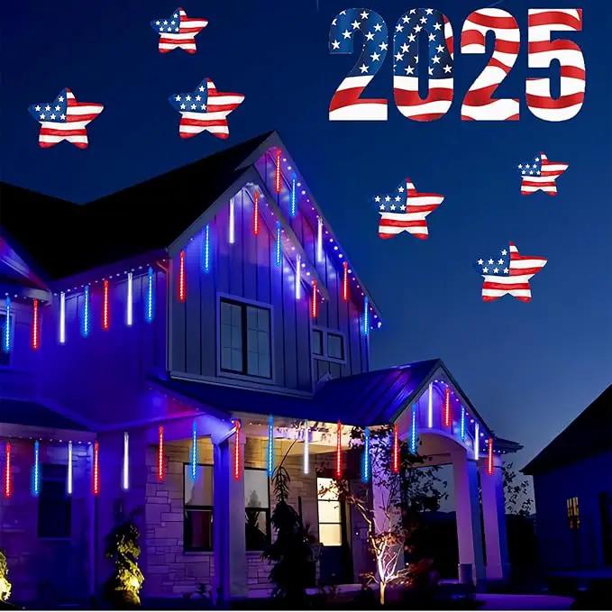 4th of July Decorations Outdoor, Red White and Blue Solar Meteor Shower Lights, 18 Tubes 432 LEDs 4th of July Lights Waterproof, Patriotic Lights String for Independence National Memorial Day Decor by GreenHaven Gardens