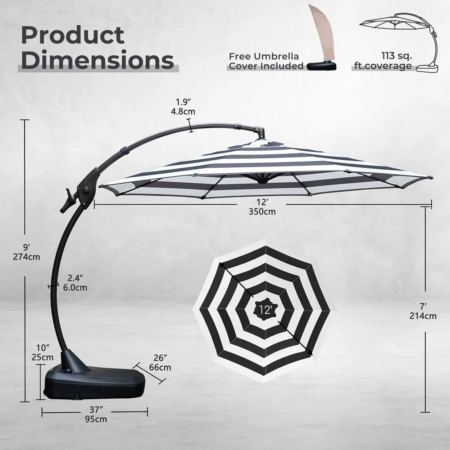 Grand patio 12FT Outdoor Round Offset Umbrella Large Patio Aluminum Cantilever Umbrella with Base for Garden Deck Poolside (Black & White, 12 FT) by GreenHaven Gardens