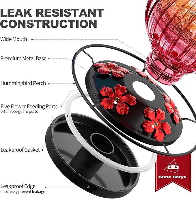 Glass Hummingbird Feeder for Outdoors Hanging, 26Oz Bird Nectar Feeder with Perch & 5 Flower Feeding Ports, Leak Proof for Outside Garden Decor Backyard, Gifts for Women Mom, Clear & Red by GreenHaven Gardens