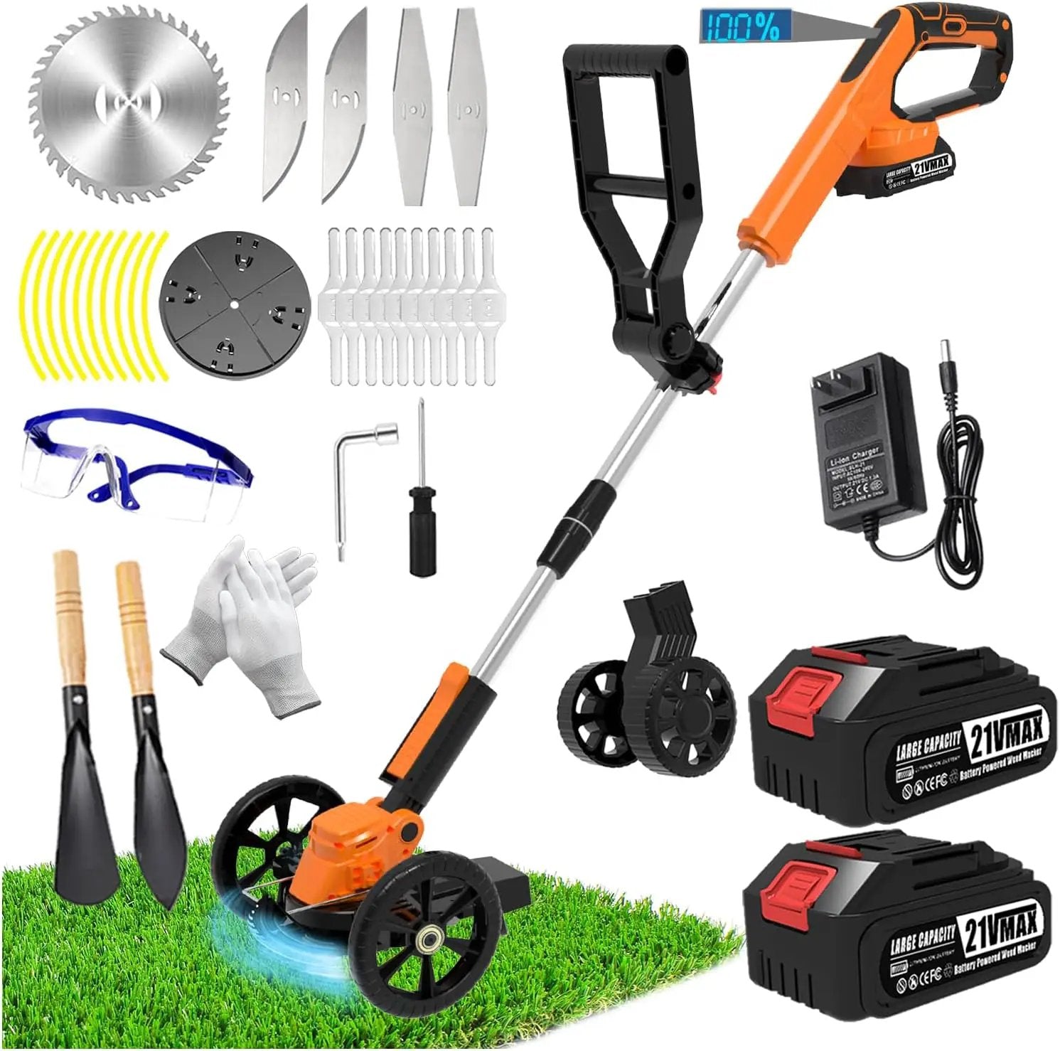 Electric Weed Wacker Eater Cordless Battery Powered, Weed Trimmer 21V Lightweight No-String with 2 Battery Operated & Wheels, 3 in 1 Stringless Grass Trimmer/Edger/Brush Cutter for Garden Yard Lawn by GreenHaven Gardens