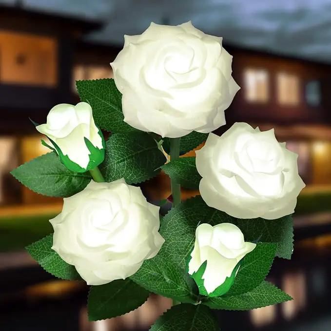 Solar Flower Lights Outdoor - Upgraded New Material Two Modes Realistic LED Solar Powered Waterproof Lights with 5 Roses, Solar Decorative Stake Lights for Garden (White, 1 Pack) by GreenHaven Gardens