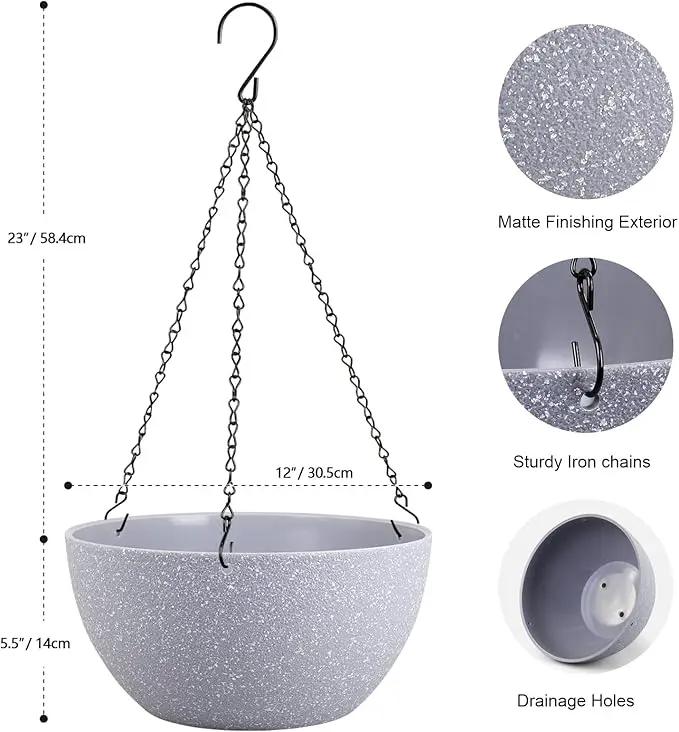 12 inch Large Hanging Planters for Indoor Outdoor Plants, 2 Pack Hanging Flower Pots with Drainage Holes and Chain for Garden Porch, Plastic Hanging Baskets for House Plants, Speckled Grey by GreenHaven Gardens