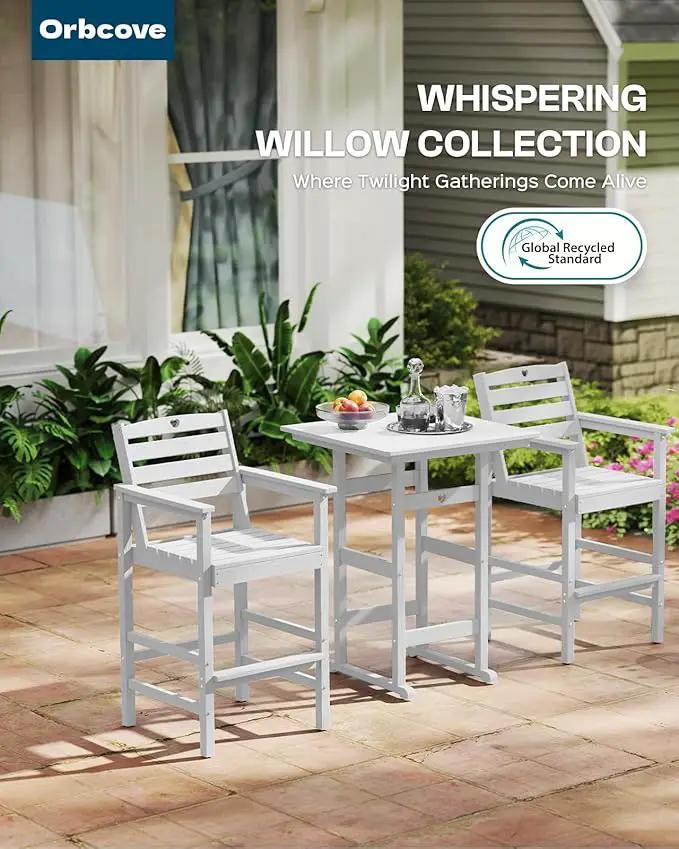 3-Piece HDPE Outdoor Bar, Outdoor Bar Stools and Outdoor Bar Table with Heart Cutout Design, All Weather Bistro Set Outdoor for Patio, Porch, Pool (White) by GreenHaven Gardens