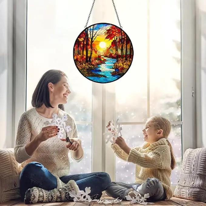 Sunrise Tree and River Landscape Stained Glass Suncatcher for Window Hanging - Sunrise Painting Sun Catcher Window Ornaments with Metal Chain and Hook - Decor Gift for Mom Wife Husband Nature Lovers by GreenHaven Gardens