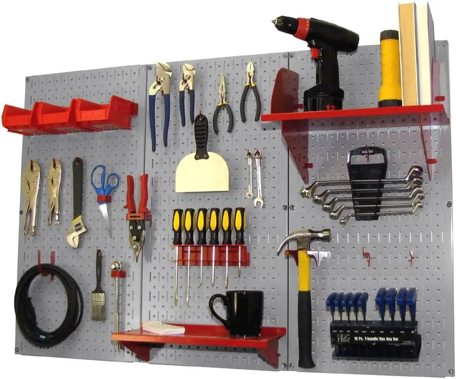 Wall Control Pegboard Organizer 4 ft. Metal Pegboard Standard Tool Storage Kit with Gray Toolboard and Red Accessories by GreenHaven Gardens