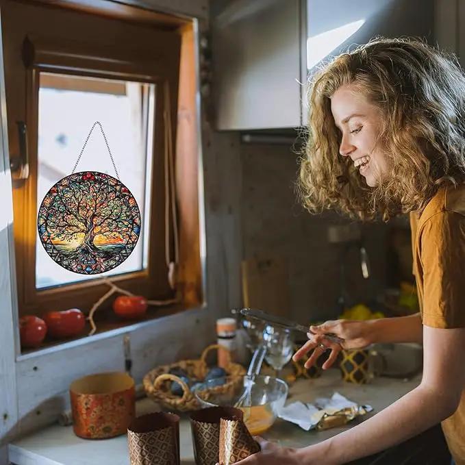 Tree of Life Suncatcher Indoor/Outdoor Stained Glass Window Hanging - Handmade Stained Glass Suncatchers for Windows Hanging - Decoration for Home Garden Christmas Party Wedding Housewarming Gifts by GreenHaven Gardens