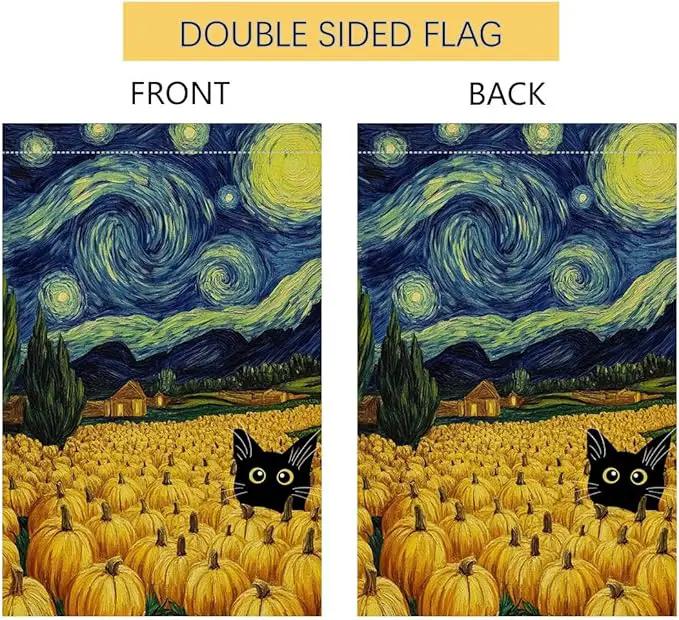 BLKWHT Fall Pumpkin Cat House Flag 28x40 Vertical Double Sided Blue Sky Autumn Thanksgiving Holiday Outside Decorations Burlap Yard Flag BW825-40 by GreenHaven Gardens