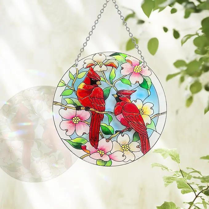 AUFURI Large Size Cardinal Suncatcher - 8.6 inch Stained Glass Window Hanging - Pairs of Red Cardinal Birds - Cardinal Gifts for Women, Hand Painted Glass Cardinal for Birds Lover, Window (8.6inch) by GreenHaven Gardens