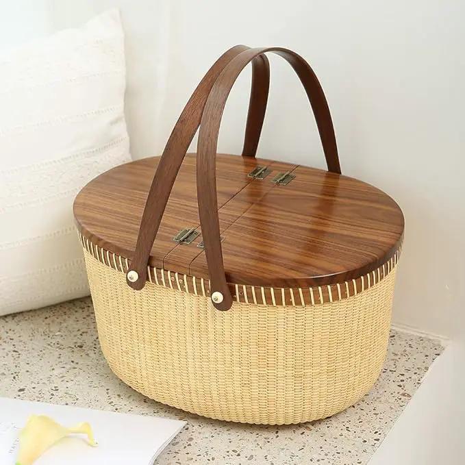 Nantucket Basket Crafts Cane-on-Cane Weave Picnic Basket Shopping Basket Basket Storage Basket Two Swing Handles (Black Walnut Activity Double Open) by GreenHaven Gardens