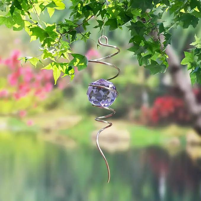 Wind Spinner Spiral Tail, Gazing Ball Spiral, Decorative Sun Catcher Rainbow Maker 11inch Tail and 2 inch Purple Crystal Orb with Swivel Hook, Indoor & Outdoor Garden Decoration 13" Height by GreenHaven Gardens
