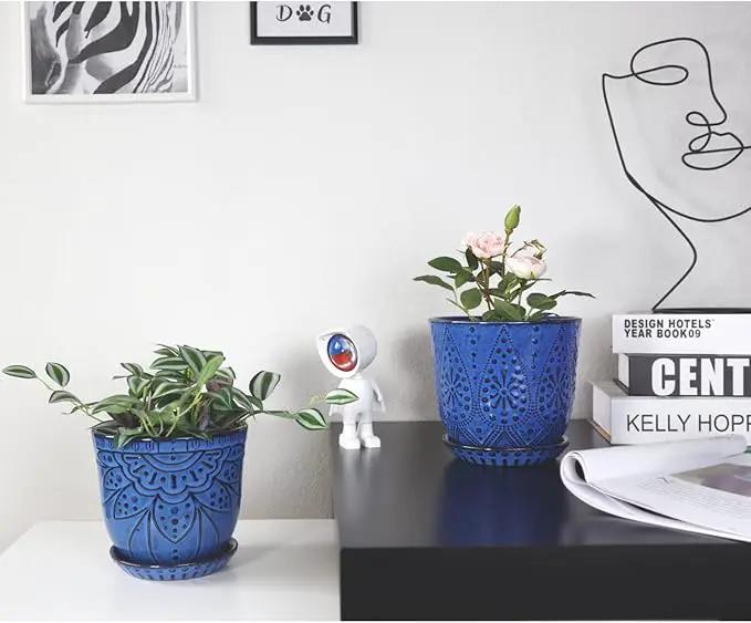 Gepege 6 Inch Beaded Ceramic Planter Set of 2 with Drainage Hole and Saucer for Plants, Indoor-Outdoor Large Round Succulent Orchid Flower Pot (Blue, for Inner-pots not Larger Than 5 Inch) by GreenHaven Gardens