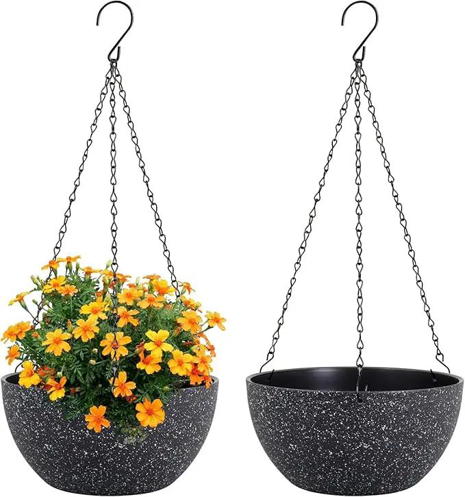 8 inch Small Hanging Planters for Indoor Outdoor Plants, 2 Pack Hanging Flower Plant Pots with Drainage Holes and Chain for Porch, Plastic Hanging Baskets for House Plants, Speckled Black by GreenHaven Gardens