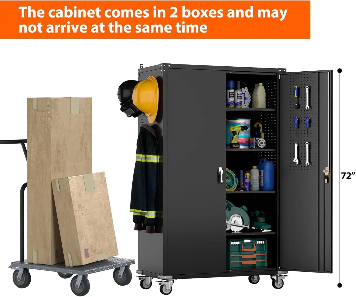 72" H Wide and Deep Garage Storage Cabinet with Wheels & Pegboard, Large Locking Metal Storage Cabinet with 2 Doors and 4 Adjustable Shelves for Garage, Home, Assembly Required, Black by GreenHaven Gardens