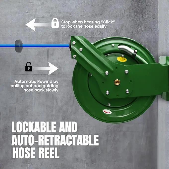 Auto Retractable Water Hose Reel with Hot & Cold Water Rubber Garden Hose, Spray Nozzle - Ultra Light, Super Strong with 6' Lead-in Hose (3/4” x 50’ Green) by GreenHaven Gardens