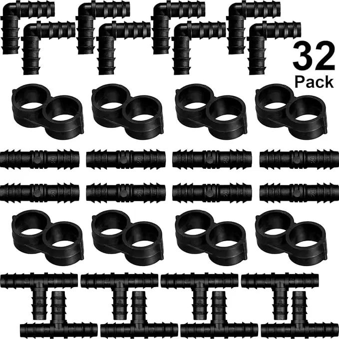 Maitys Irrigation Fittings Kit for Tubing 32 Piece Set, 8 Tees, 8 Couplings, 8 Elbows and 8 End Cap Plugs Barbed Connectors for Drip Sprinkler Systems, Garden, Patio, Lawn or Flower Bed (1/2 Inch) by GreenHaven Gardens