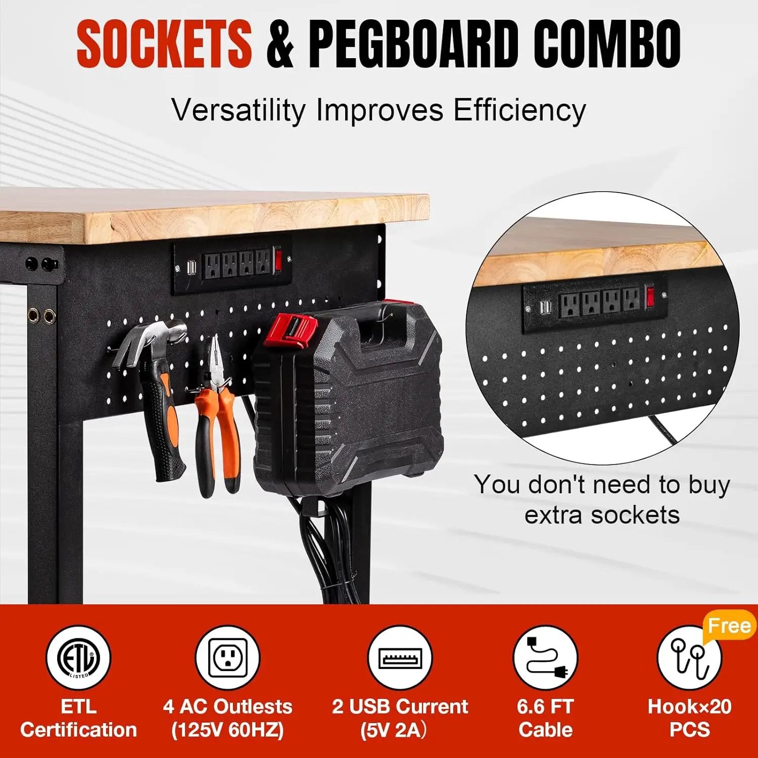 Adjustable Height Workbench, Heavy Duty Table Rubber Wood Workstation with Power Outlet & Pegboard for Garage, Office, Workshop, Home,Commercial (48"×24"|Wheels) by GreenHaven Gardens
