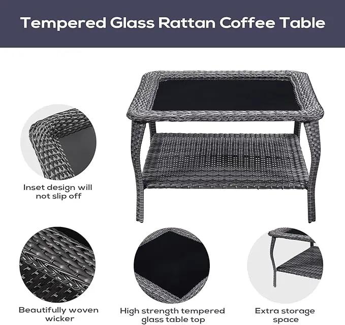 Outdoor Furniture Sectional Sofa L Shaped Couch - Patio Wicker Furniture Set with Coffee Table, 3 Piece Rattan Patio Conversation Sets with Gray Cushion for Deck Backyard Sunroom by GreenHaven Gardens