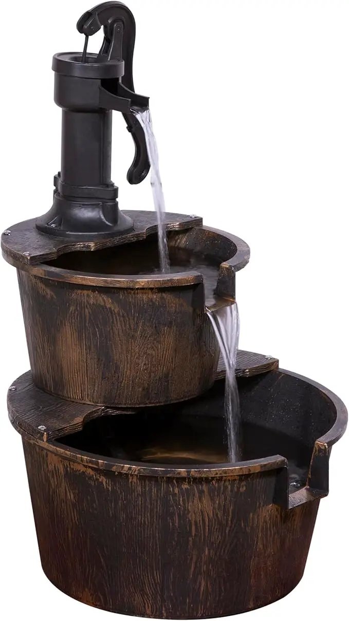 Alpine Corporation - Outdoor Rustic 2-Tiered Barrel and Pump Water Fountain – Bronze Finish, Relaxing Water Flow, Ideal for Garden, Patio, & Yard Décor, 27"H by GreenHaven Gardens