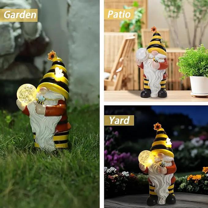 Solar Garden Gnome Statue, Resin Bee Gnome Figurine with Flower and Crackle Glass Globe Lights for Outdoor Decor, Porch Patio Yard Decorations, Garden Gifts for Mom by GreenHaven Gardens