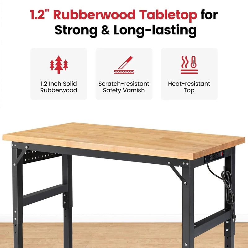 Workbench for Garage Adjustable Height 60 x 22 Inch Work Table with Wheels Heavy Duty Rubberwood Tabletop Workbench with Pegboard, Power Outlets for Woodworking Shop, Home, Office by GreenHaven Gardens