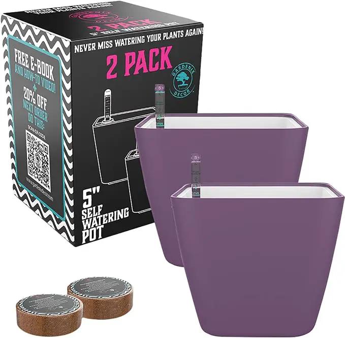 5" Self Watering pots for Indoor Plants - Flower Pot with Water Level Indicator for Plants, Grow Tracking Tool - Self Watering Planter Plant Pot – 2 Pack Purple by GreenHaven Gardens