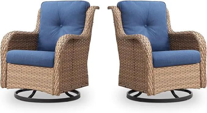 Outdoor Swivel Rocker Patio Chairs - 360 Degree Swivel Glider Seating 350LBS Weight Capacity Wicker Rocking Chairs Set of 2 with Removable Cushion for Porch Balcony Deck, Yellow/Blue by GreenHaven Gardens